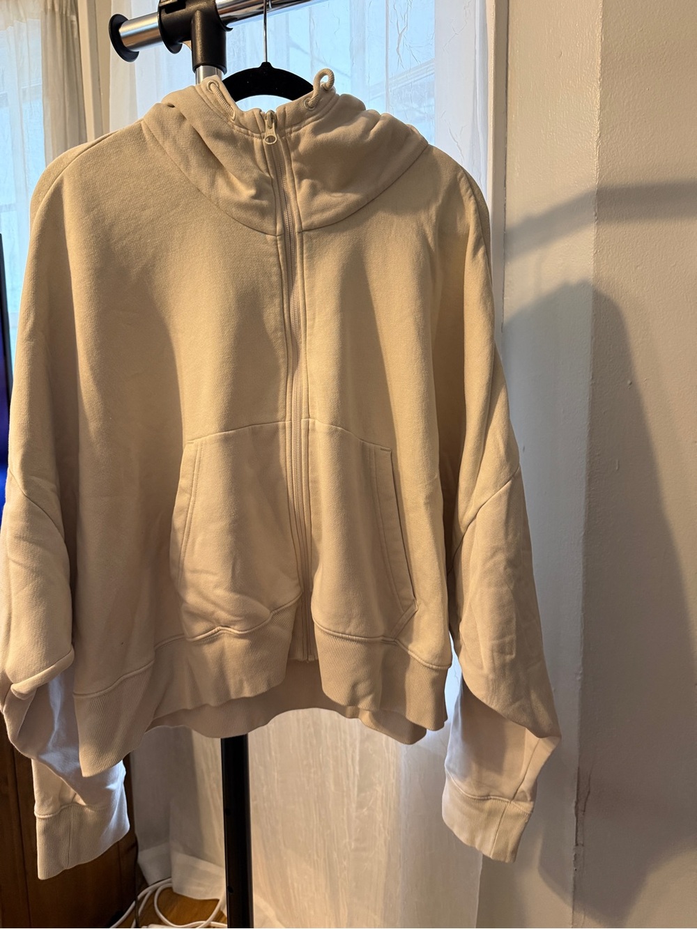 adidas Cream Zip-Up Hooded Teddy Sweatshirt